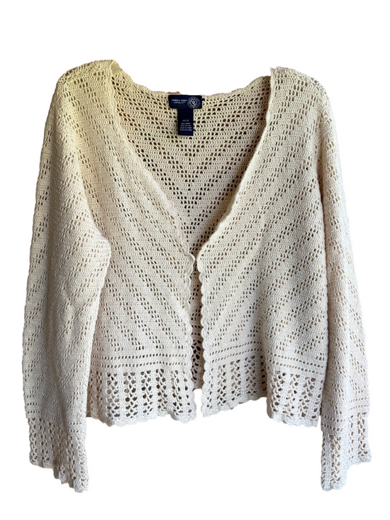 Venezia Sweaters - Vintage Y2K Venezia Jeans Cream Crochet Knit Openwork Cardigan 1X Cottage Boho